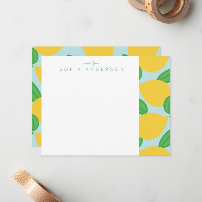 Lemon and Leaves Pattern Personalised Note Card (Front/Back In Situ)