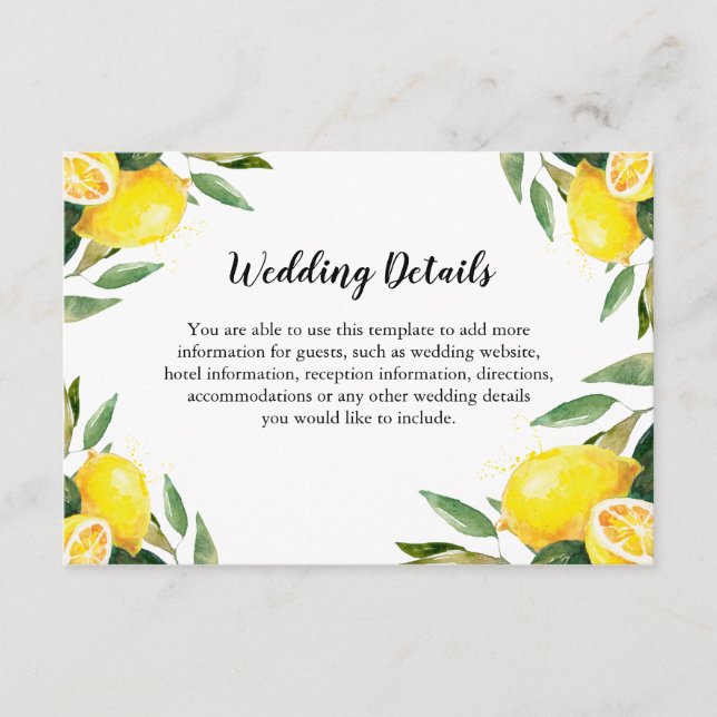 Lemon and Leaves Wedding Details Info Enclosure Card (Front)