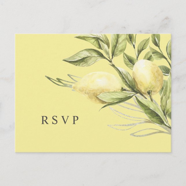 Lemon and leaves Yellow Wedding RSVP Postcard (Front)