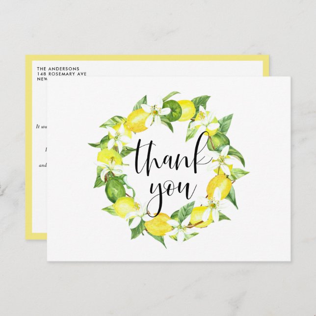 Lemon and  Lemon Blossoms Wreath Summer Thank You Postcard (Front/Back)