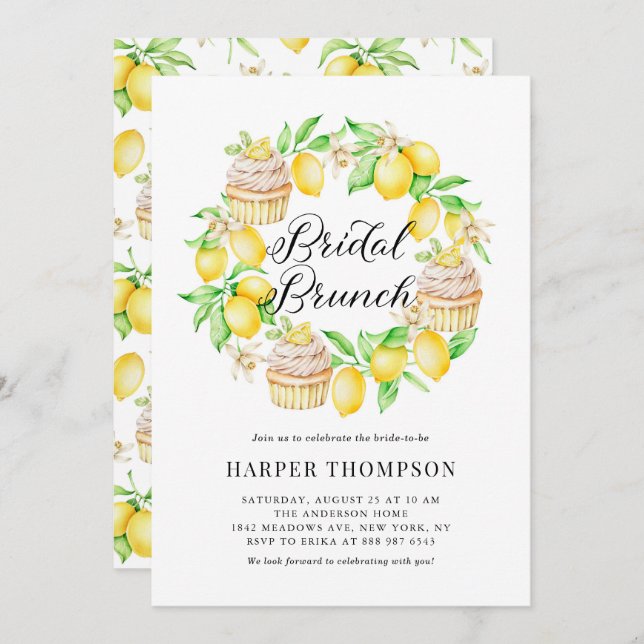 Lemon and Lemon Cupcake Summer Bridal Brunch Invitation (Front/Back)