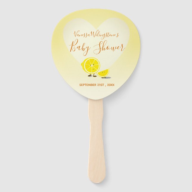 Lemon and Lemon Slice Baby Shower Heart Yellow Hand Fan (Back)