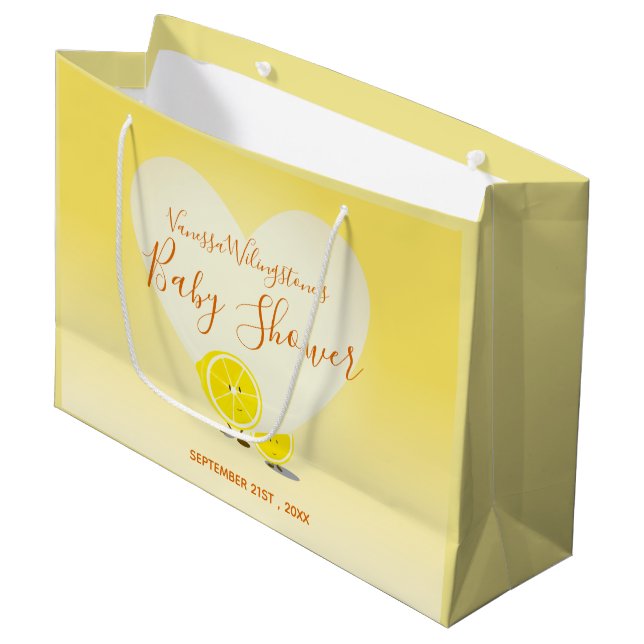 Lemon and Lemon Slice Baby Shower Heart Yellow Large Gift Bag (Front Angled)