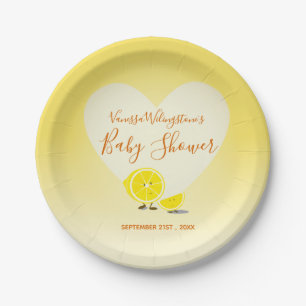 Lemon and Lemon Slice Baby Shower Heart Yellow Paper Plate