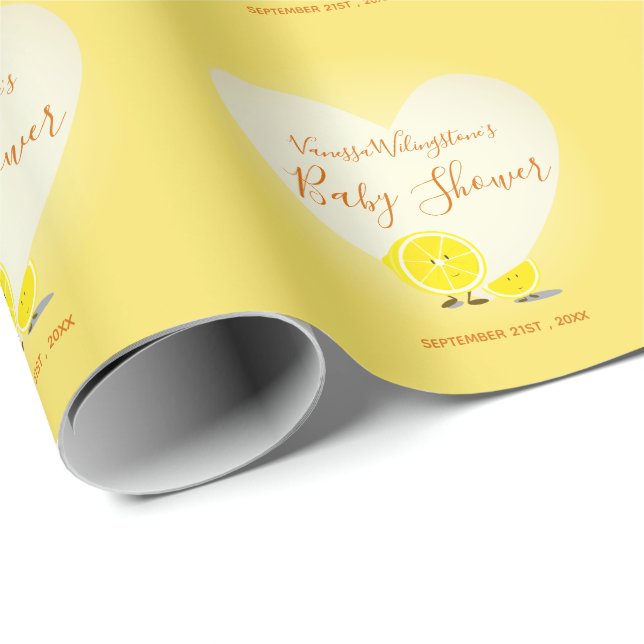 Lemon and Lemon Slice Baby Shower Heart Yellow Wrapping Paper (Roll Corner)