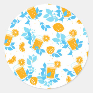 Lemon and Lemonade Blue Floral Pattern Classic Round Sticker