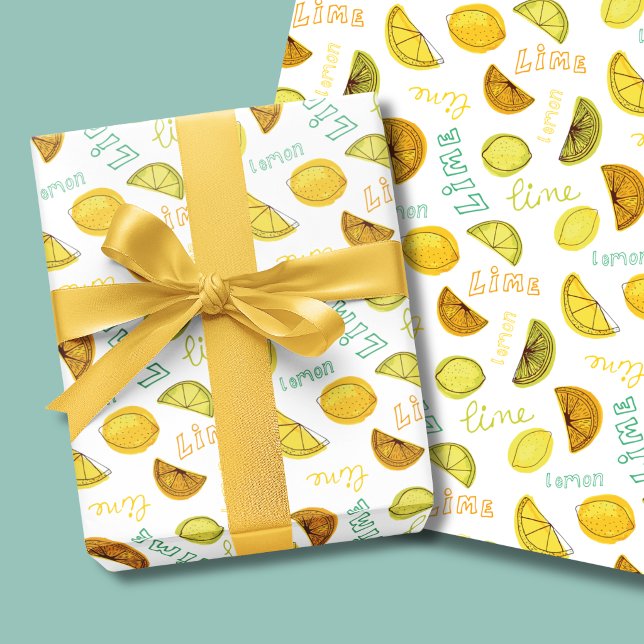 Lemon and Lime Fruit Pattern Wrapping Paper Sheet (Lemon & Lime Citrus Fruit Wrapping Paper)