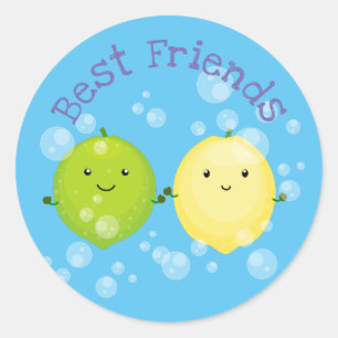 Lemon and lime with bubbles cartoon illustration classic round sticker