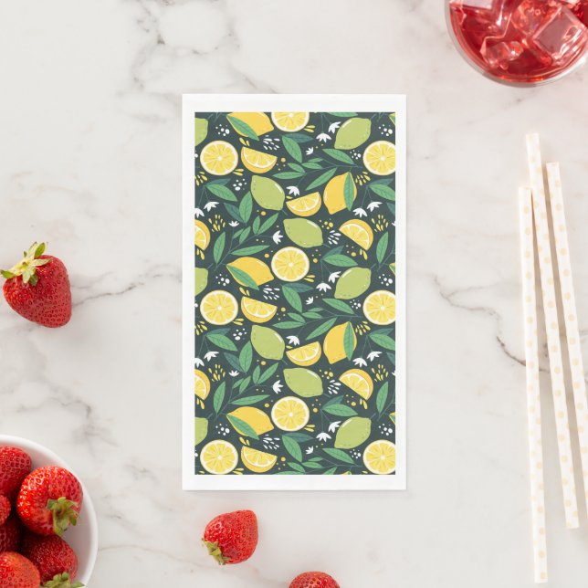 Lemon and Limes Fruit Pattern in Green and Yellow Napkin (Insitu)
