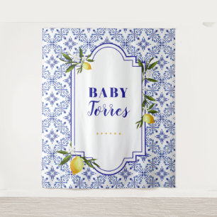 Lemon and Navy Bridal Shower Backdrop Tapestry
