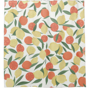 Lemon and orange fruits with leaves on white backg shower curtain