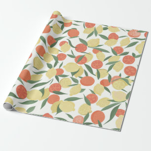 Lemon and orange fruits with leaves on white backg wrapping paper