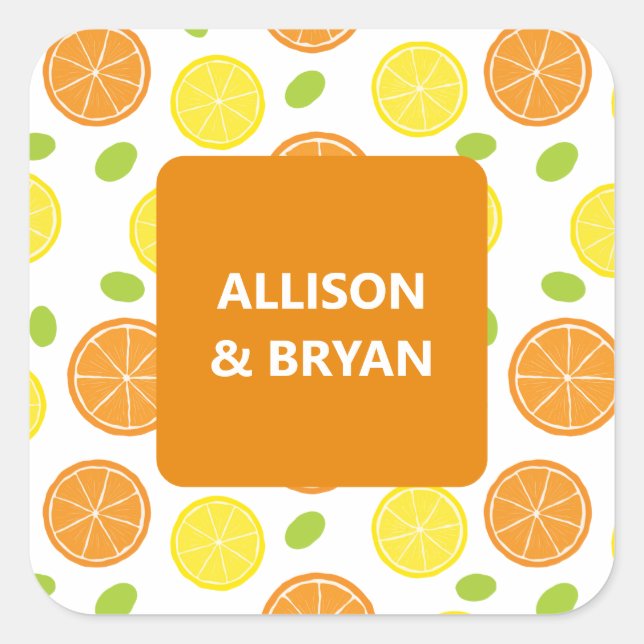 Lemon and Orange Wedding or Bridal Shower Gift Square Sticker (Front)