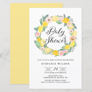 Lemon and Pink Rose Wreath Baby Shower Invite