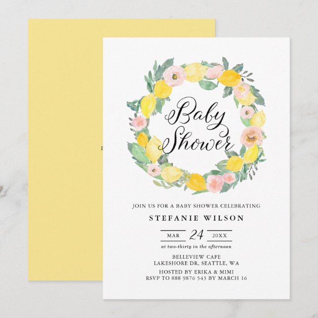 Lemon and Pink Rose Wreath Bridal Shower Invite (Front/Back)