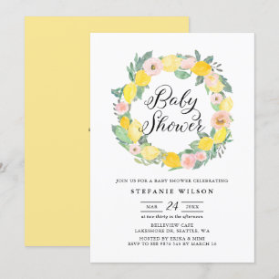 Lemon and Pink Rose Wreath Bridal Shower Invite