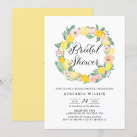 Lemon and Pink Rose Wreath Bridal Shower Invite