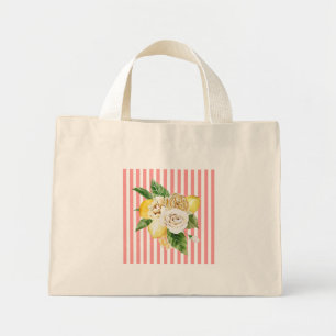 Lemon and roses on coral stripes mini tote bag