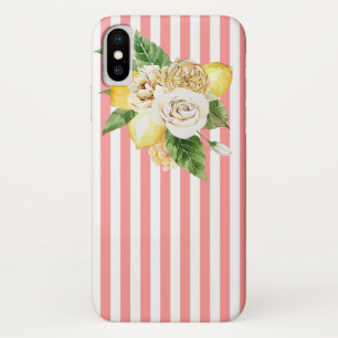 Lemon and roses on pink stripes iPhone / iPad case