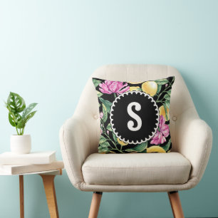 Lemon and Tulips Floral Pattern   Citrus Monogram Cushion