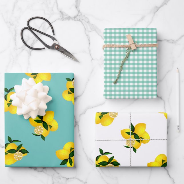 Lemon Aqua Gingham Wrapping Paper Sheet (Front)
