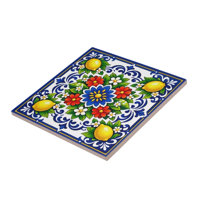 🍋 Lemon Azul Bloom — Mediterranean Azulejo Tile (Side)