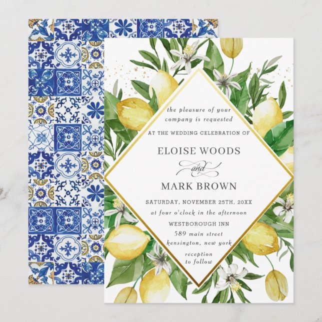 Lemon Azure Mediterranean Summer Greenery Wedding Invitation (Front/Back)