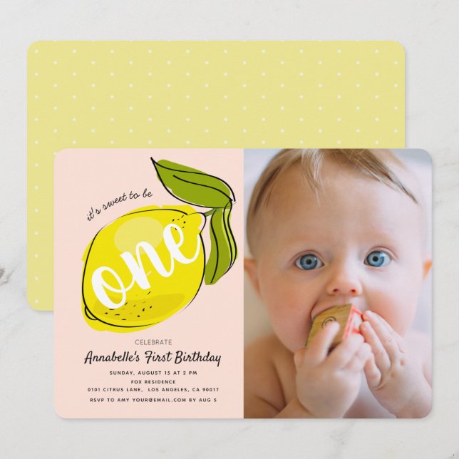 Lemon Baby Pink Photo 1st Birthday Invitation (Front/Back)