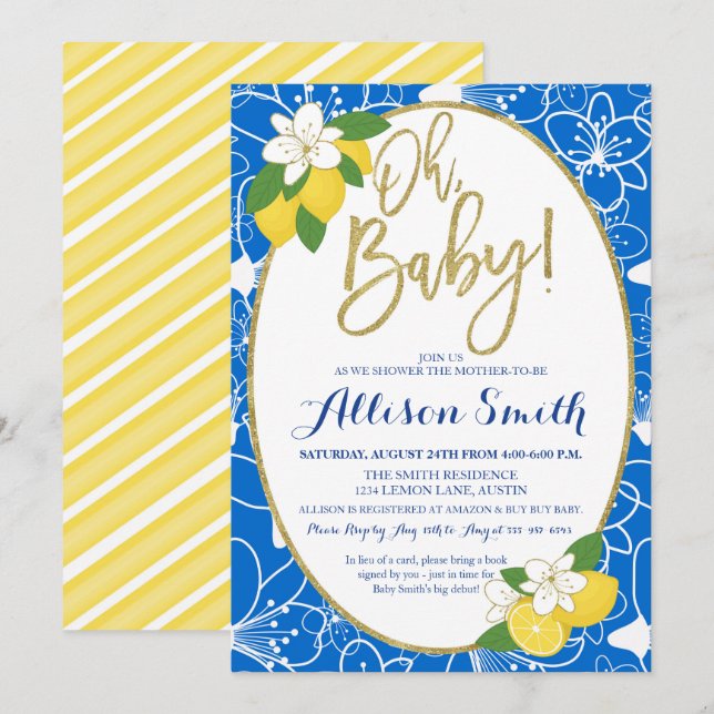 Lemon Baby Shower Baby Boy Blue Yellow Gold Invitation (Front/Back)