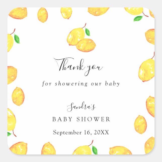 Lemon Baby Shower Elegant Thank you Script Frame Square Sticker (Front)
