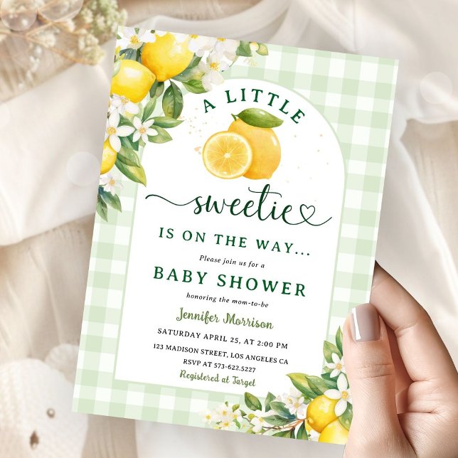 Lemon Baby Shower Green Gingham Gender Neutral Invitation (Creator Uploaded)