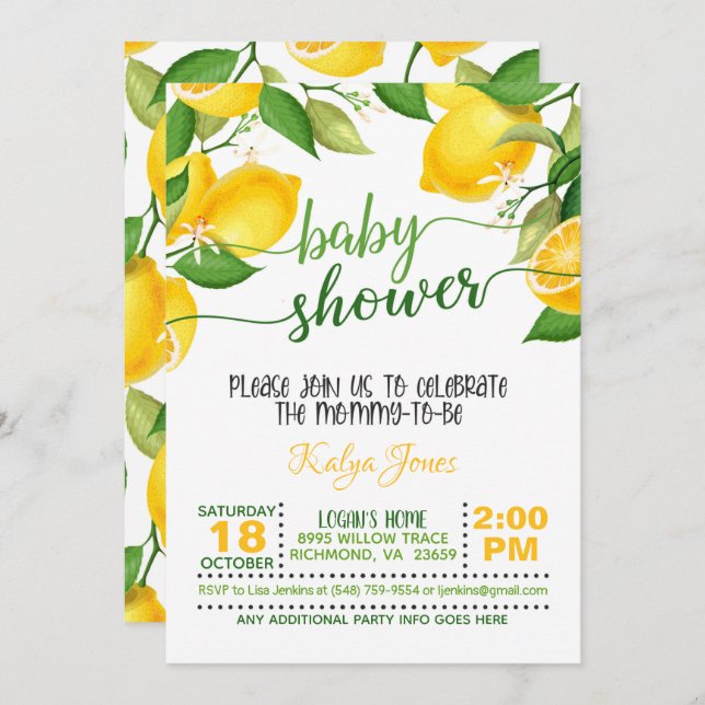Lemon Baby Shower Invitation (Front/Back)