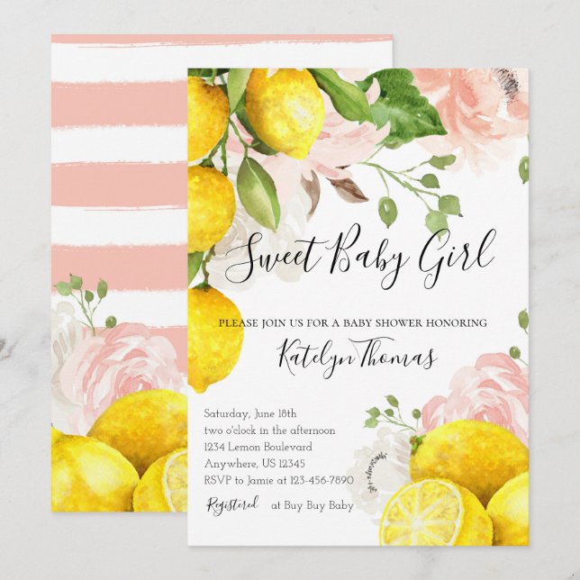 Lemon Baby Shower Invitation for Baby Girl (Front/Back)
