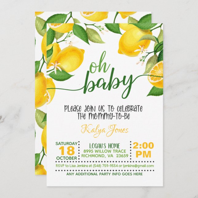 Lemon Baby Shower Invitation - Oh Baby (Front/Back)