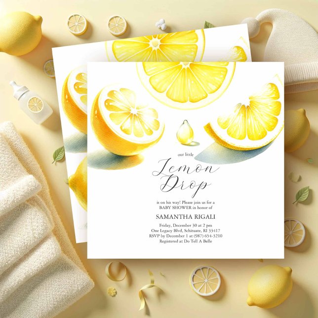 Lemon Baby Shower Invitations Lemon Drop Theme (Lemon baby shower invitations feature watercolor citrus art in shades of yellow for gender neutral)