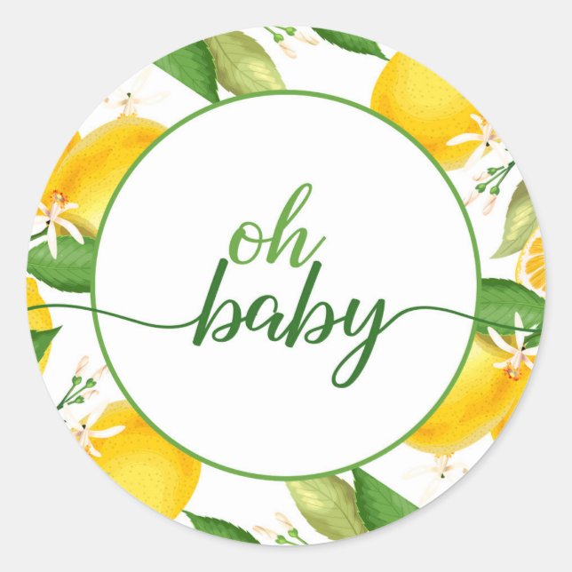 Lemon Baby Shower Round Sticker - Oh Baby (Front)