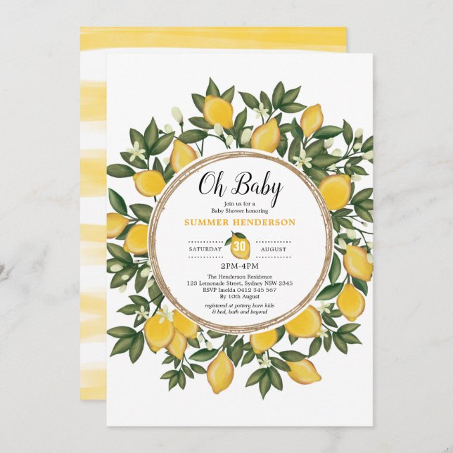 Lemon Baby Shower Summer Citrus Sunshine Lemonade Invitation (Front/Back)