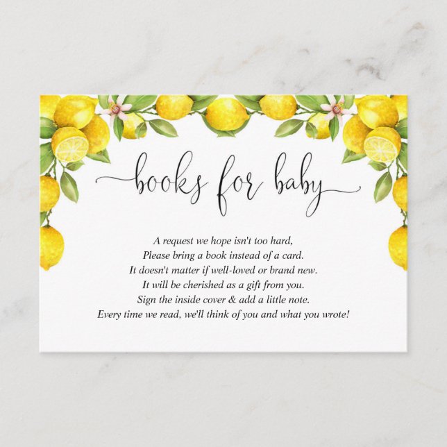 Lemon baby shower, sweet lemons book request enclosure card (Front)