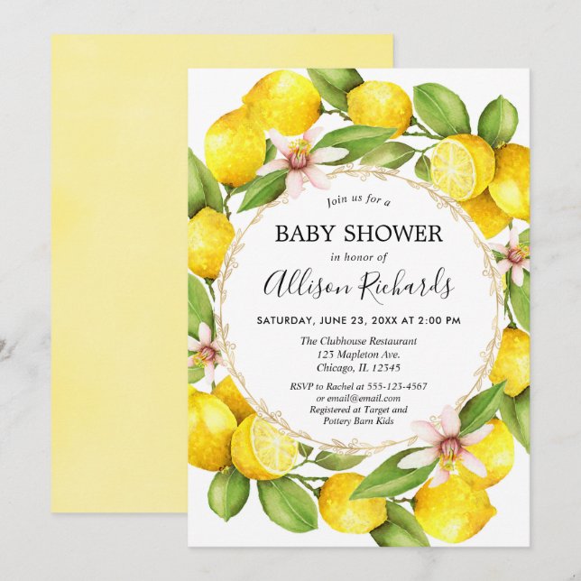 Lemon baby shower, sweet lemons greenery invitation (Front/Back)