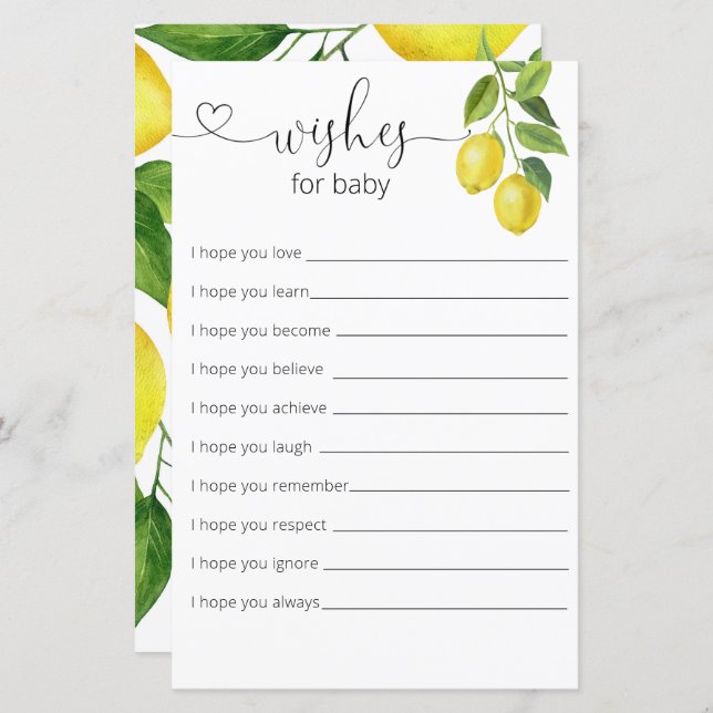 Lemon Baby Shower  Wishes For Baby (Front/Back)