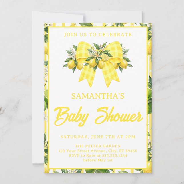 Lemon Baby Shower Yellow Gingham Bow Invitation (Front)