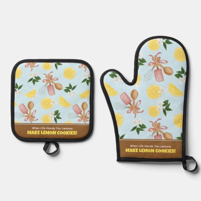 Lemon Baking Pattern Oven Mitt & Pot Holder Set (Front)