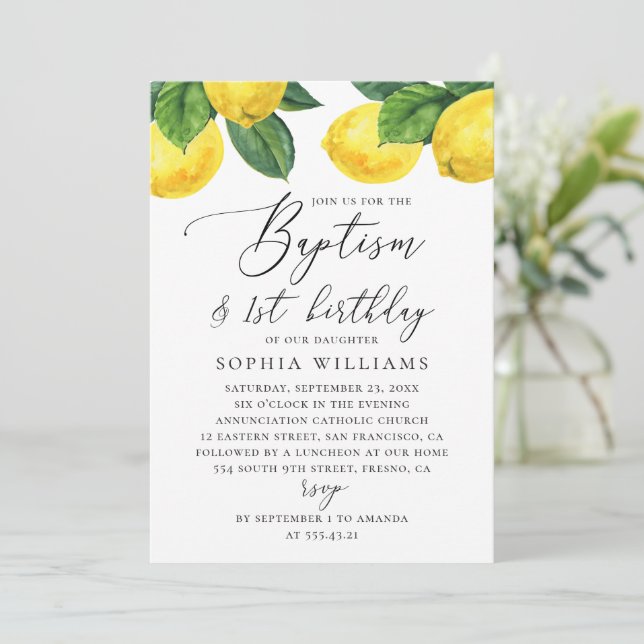 Lemon Baptism & 1st Birthday | Watercolor Citrus Invitation (Standing Front)