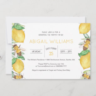 Lemon & Bee Watercolor Greenery Baby Shower Invitation