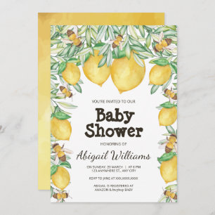 Lemon & Bee Watercolor Greenery Baby Shower Invitation