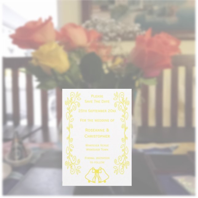 Lemon Bells Scrollwork Design Wedding Save The Date (Yellow wedding save the date bells and scrollwork design)