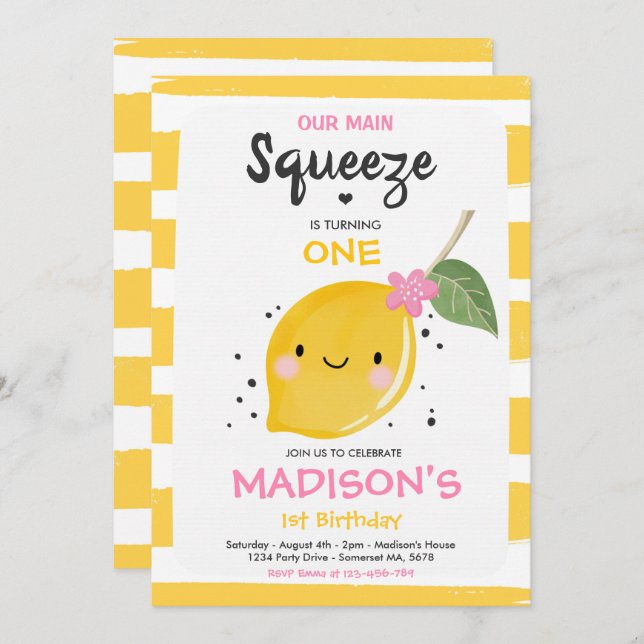 Lemon Birthday Invitation Our Main Squeeze Party (Front/Back)