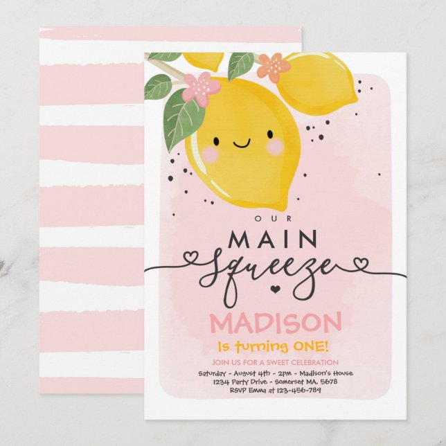Lemon Birthday Invitation Our Main Squeeze Party (Front/Back)