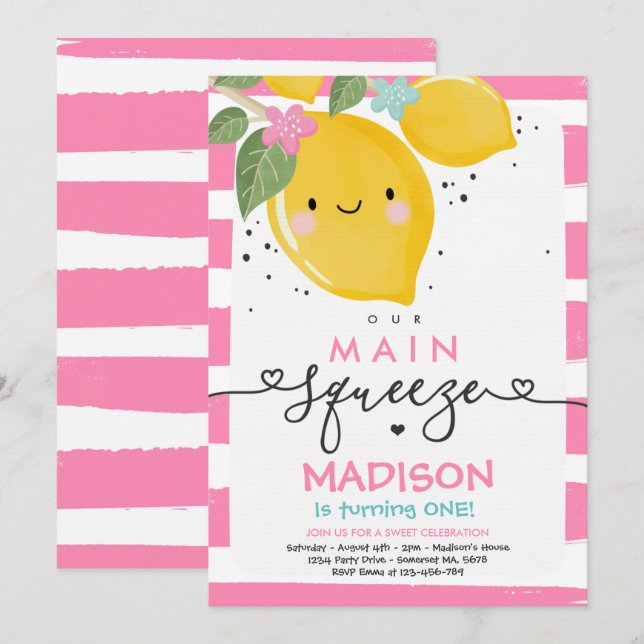 Lemon Birthday Invitation Our Main Squeeze Party (Front/Back)