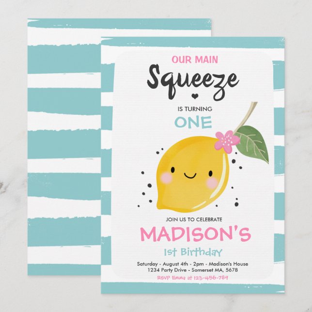 Lemon Birthday Invitation Our Main Squeeze Party (Front/Back)